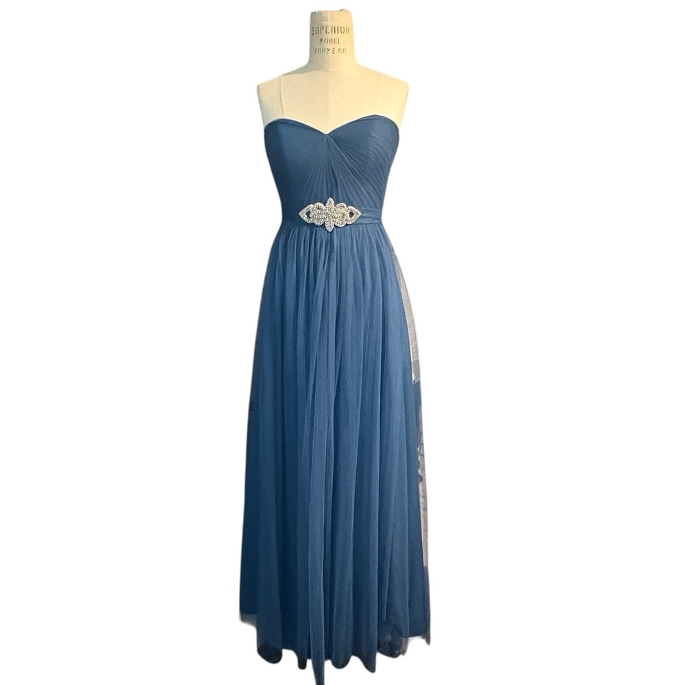 Jenny Yoo Collection Strapless Teal Tulle Gown Beaded Waist Formal Dress‎ Size 2